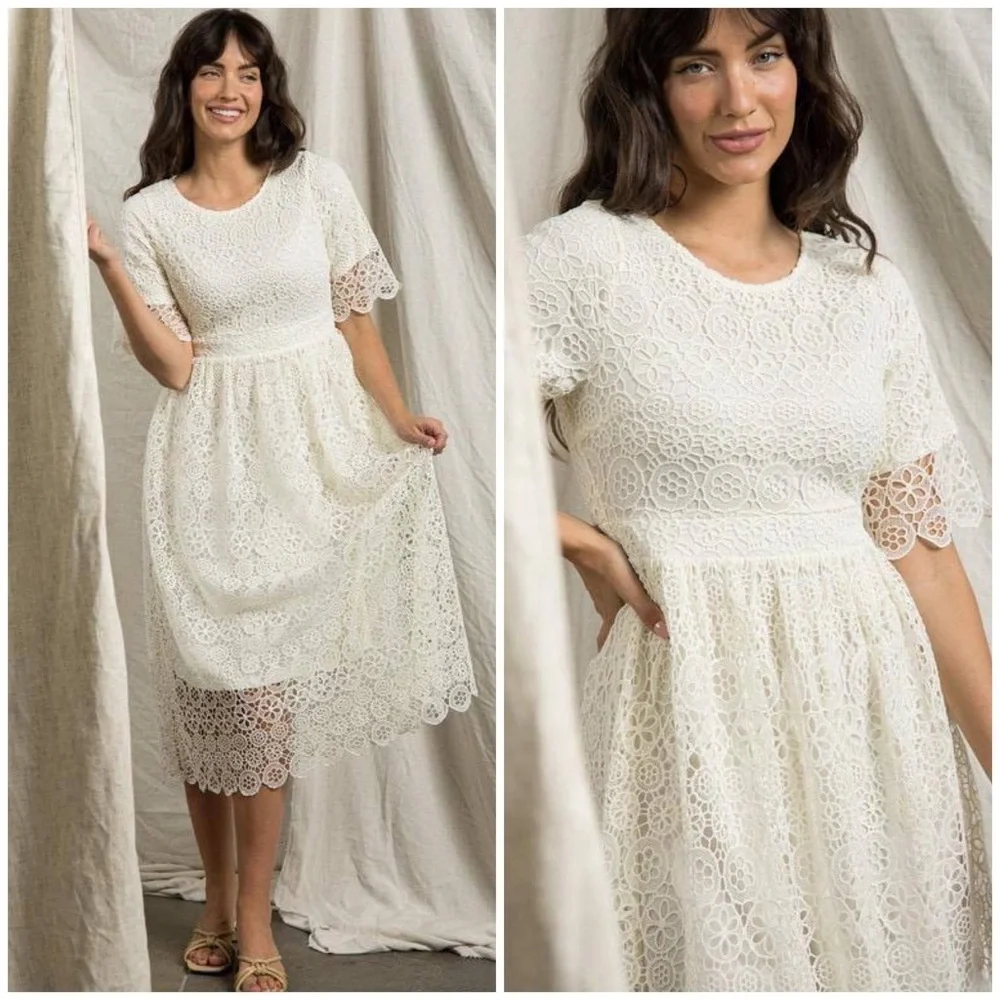 LAST 1❗️POLAGRAM White Embroidery Crochet Midi Dress - Picture 2 of 14